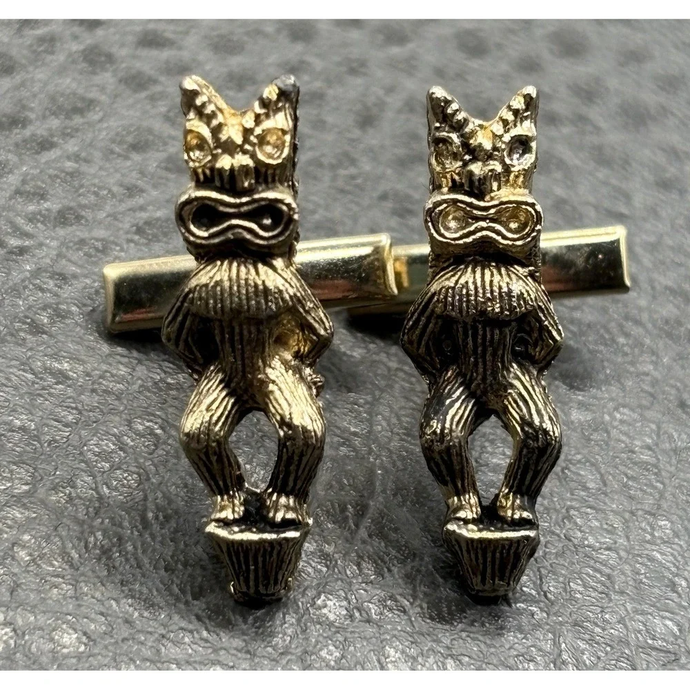 Vintage Rare Tiki Cufflinks MCM Era Gold Tone